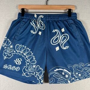 SAGO 93/94 Mens Blue Paisley Bandana Mesh Basketball Shorts Small Streetwear